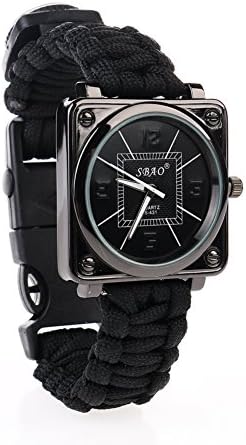 5 In 1 Carabiner Tool Outdoor Stylish Multifunction Survival Bracelet with Watch ， Compass, flint, whistle, straps, watches Kits ，Rock Climbing Camping First Aid Kit Adventures 。 (black)