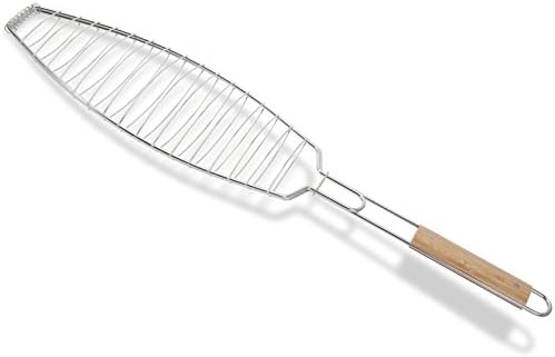 Danesco BBQ Fish Grill Basket, Stainless Steel With Bamboo Handle