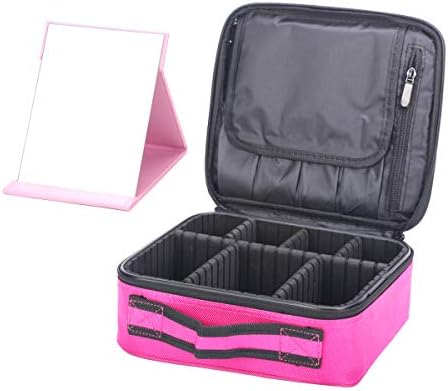 Makeup Bag Cosmetic Case, SbuyCoo Professional Beauty Travel Artist Case Cosmetic Storage Bag Brushes Bag Toiletry Organizer Tool with Adjustable Dividers and Makeup Travel Mirror (Rose)