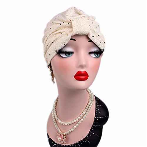 Qhome Womens Luxury Sequined Turban Ruffle Knotted Headwrap Chemo Cap