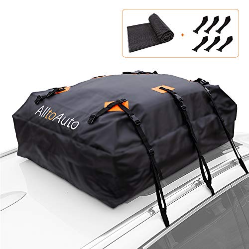 AlltoAuto Car Rooftop Cargo Carrier Bag, 100% Waterproof-15 Cubic Feet, Protective Mat, Storage Bag, Straps&Hooks Include, Soft Shell Carrier Bag for All Cars and Truck with or Without Racks