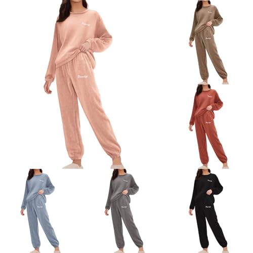 Fleece Pyjamas Women 2 Piece, Winter Fleece Sleepwear Soft-Long Sleeve Thicken Fuzzy Crewneck Sweatshirt And Long Pants Pajamas Lounge Sets Warm Comfort Home Nightwear Two Piece Outfits Women Pink