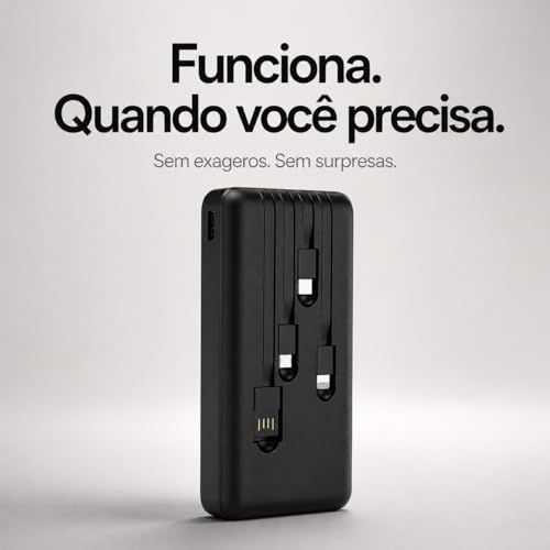 Power Bank Carregador Portátil Universal 20000mAh com Cabos Integrados USB-A, USB-C (Type-C), Micro-USB e USB-Light Carregamento Rápido Bateria Externa Compacta para Celular Android iOS(preto)