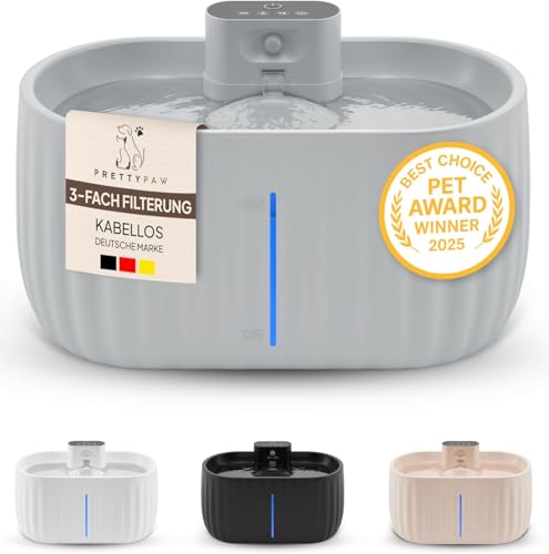 Pretty Paw Wireless Cat Fountain with Motion Sensor - Drinking Fountain for Cats with 45 Days Battery - Water Fountain for Cats with Filter and 3 Litre Water Tank - Aqua Sense (Grey)
