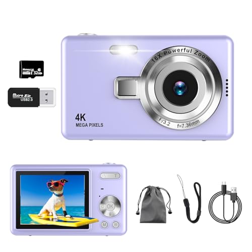 Digital Camera, 4K Autofocus 50MP Child Camera, 16X Zoom, Flash, Anti-Shake, Portable Compact Digital Cameras Small Ready to Shooter for Kids Adults Beginners
