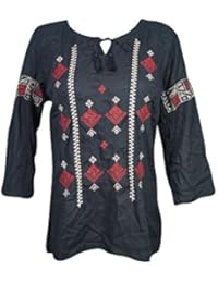 Womens Boho Tunic Top Cotton Embroidered Tie Neck Elegant Summer Love Blouse Shirt Cover Up