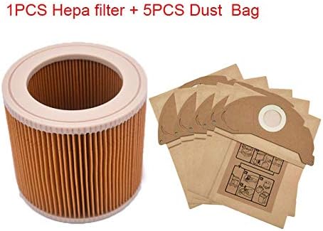 HBK 6pcs Filter with Cap & Dust Bag Replacements for Karcher A2004 A2054 WD2.250 KAR64145520 Vacuum Cleaner Filter Parts