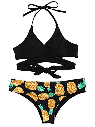 SOLYHUX Women's Floral Halter Wrap Knotted Back Bikini Set Black M - Thumbnail 7