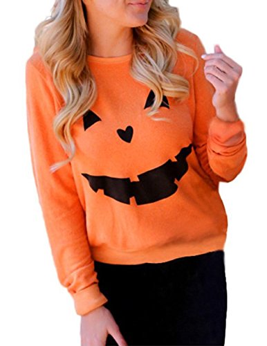 Women's Halloween Pumpkin Face Long Sleeve Sweatshirts Casual Pullover Tops size Medium (Orange)