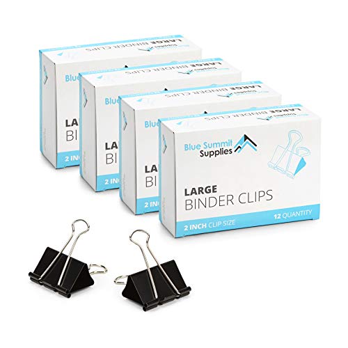 Blue Summit Supplies Large Binder Clips, 4 Pack of 2 Inch Black Binder Clips, 12 Quantity Per Box, 51mm Universal Binder Clips, 48 Pack