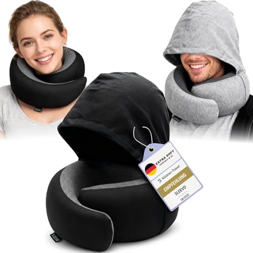 41nc4TsfySL Sleevo Nackenkissen Mit Kapuze &Amp; Memory Foam – Nackenhörnchen &Amp; Schlafkissen Für Flugzeug &Amp; Reise – Ergonomisches Reisekissen, Sichtschutz &Amp; Waschbar Inkl. Tasche – Schwarz
