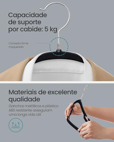 SONGMICS Cabides de Veludo, Pacote com 50 Cabides para Roupas, Antideslizantes, com Entalhes nos Ombros, Barra para Calças, Gancho Giratório 360°, que Economizam Espaço, Preto Tinta BRCRF039B03