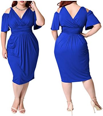 Flovey Women's Plus Size V-Neck Cold Shoulder Short Sleeve Ruched Wasp-Waisted Bodycon Dress (Blue, L)