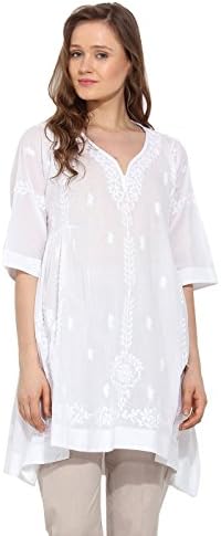 Saiesta Women's White Chikankari Side Gathered 3Quarter Sleeve Woven Tunic XL