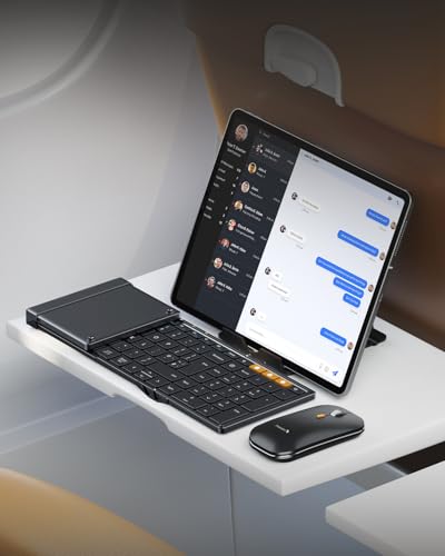 ProtoArc Foldable Keyboard and Mouse Combo, Folding Bluetooth Keyboard Mouse for Travel, 2.4G+Dual Bluetooth, Full-Size Rechargeable Portable, QWERTY UK Layout - Black | 105-key keyboard, slim mouse, hard case and phone stand; 3-device Bluetooth & 2.4G switching, for travel office use