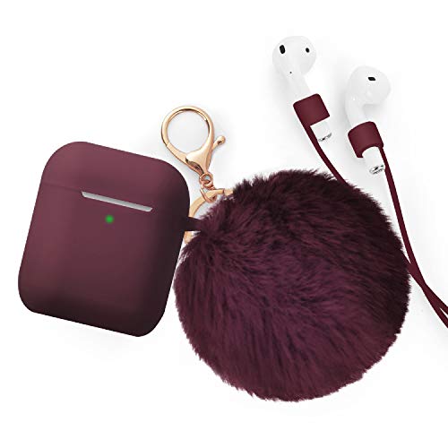Airpods Case - BlUEWIND Drop Proof Air Pods Protective Case Cover Silicone Skin for Apple Airpods 2 & 1 Charging Case, Cute Fur Ball Airpods Keychain/Strap, Burgundy