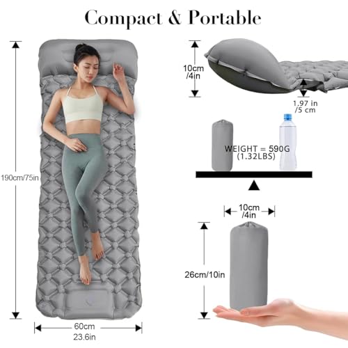 Sleeping Air Pad for Camping Inflatable Sleeping Mattress with Pillow | Self Inflating Sleep Mat Ultralight Compact Mattress Bed Cushion for Backpacking Hiking Car Traveling Beach Tent Single Grey
