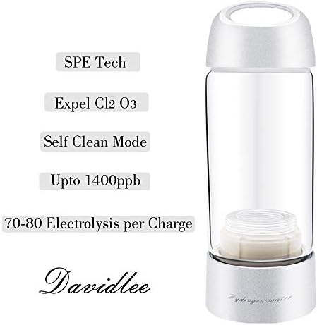 Davidlee Portable Hydrogen-Rich Generator Water Bottle SPE Technology Ionizer Mode 3 mins Self- cleaning Function High Concentration Discharge Ozone and Chlorine - 380ml F6