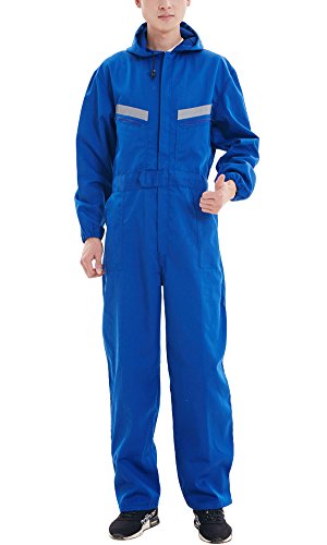 Nideen Men's & Women's Dustproof Workwear Long Sleeve Coverall Suit with Hood Blue-XL