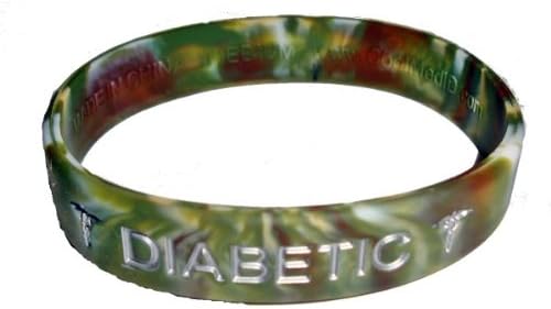 Diabetic Medical ID Wristband Green Camouflage with Silver Color Fill Small