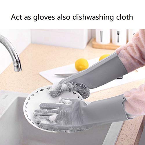 Familighter Silicone Gloves with Wash Scrubber Non-slip Magic Latex Gloves for Household Cleaning Great for Protecting Hands in Dishwashing Car Washing Kitchen Bathroom Cleaning Grey - Thumbnail 3