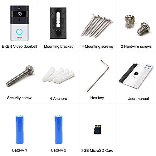 EKEN-Video-Smart-Doorbell-720P-HD-Wifi-Camera-with-8GB-MicroSD-Card-Real-Time-Video-Two-Way-Audio-Wide-angle-Lens-Night-Vision-PIR-Motion-Detection-App-Control-with-18650-Batteries-for-IOS-and-Android