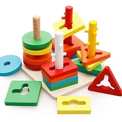 METRO TOYS & GIFT Wooden Blocks Geometric Shape Matching Four Sets of Column Learning Education Puzzle Game Toy for Kids