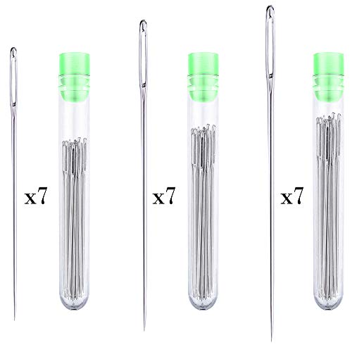 21 Large-Eye Hand Sewing Needles - 3 Sizes (2.4 inches, 2.2 inches and 2 inches) and 3 Clear Storage Tubes