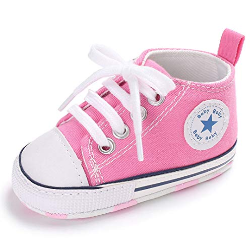 Baby Boy Shoes Canvas Soft Sole Newborn High Top Toddler Sneakers Infant Shoes for Baby Girlsï¼ˆ11cmï¼Œ0-6months,A-Pink