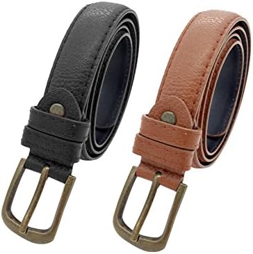 Women Girls Classic Solid Color Adjustable Waist Belt Pack of 2 (L, black tan)