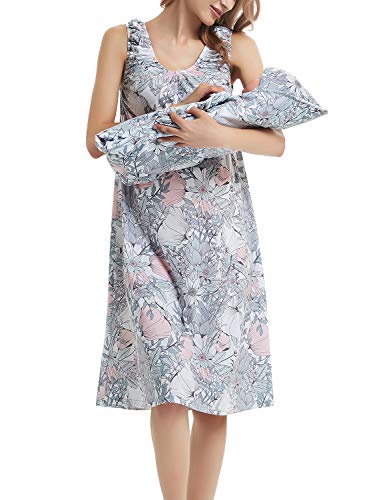 GINKANA Maternity/Nursing Delivery Nightgown with Matching Baby Swaddle Blankets and Hat Set - Hospital Bag Must Have