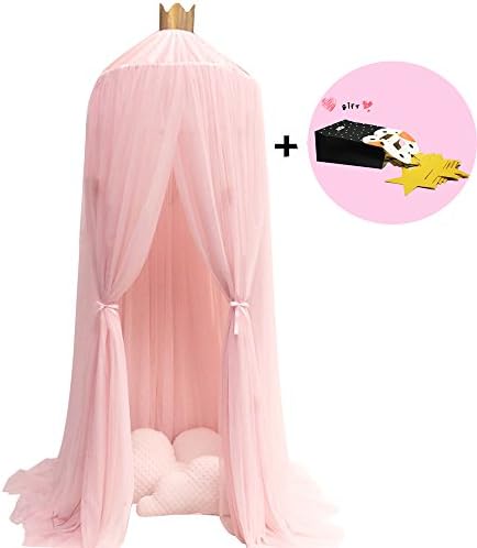 Mosquito Net Dome Bed Canopy for Kids Round Princess Play Tent Lace Netting Bedding for Baby Boys and Girls Playing Reading , Decorate for Games House with 13ft Star Garland (Pink)