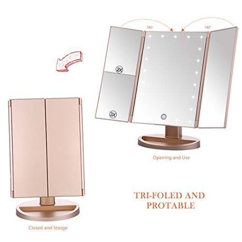 Lighted Makeup Mirror EMOCCI Tri-Fold Vanity Mirrors With 3X 2X 1 Magnification,USB Charging 180 Degree Free Rotation Mirror For Women Girls Cosmetic Make Up Bathroom Countertop Use (Gold)