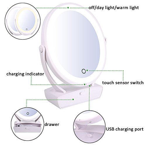 KnicTech Dual-Color LED Lighted Makeup Mirror with Drawer, Double-Sided 1x/5x Magnifying Tabletop Vanity Mirror, 360 Swivel, USB Rechargeable, Removable Illuminated Cosmetic Mirror(White)