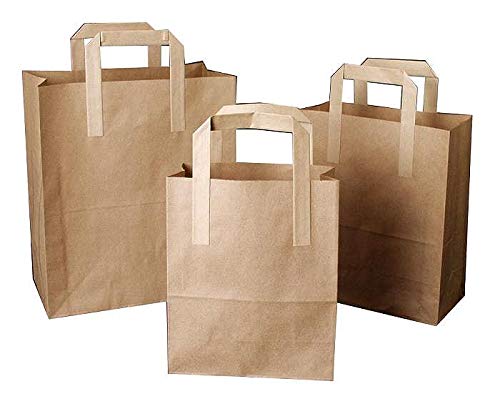25 Brown Small Size Paper Carrier Bags with Handles 7" x 8.5" x 3" | Brown Kraft SOS Block Bottom Bags | Takeaway Lunch Picnic Chinese Food