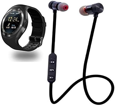 MOBIMINT Combo of Bluetooth Smart Watch with Camera, SIM and Memory Card Slot - Y1 (Black) + Wireless Magnetic Earphone