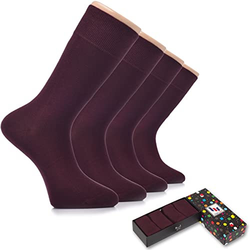 Hugh Ugoli Men's Cotton Dress Socks for Business & Trouser, Thin & Seamless Crew Socks, 4 Pairs with Gift Box, Shoe Size 8-12