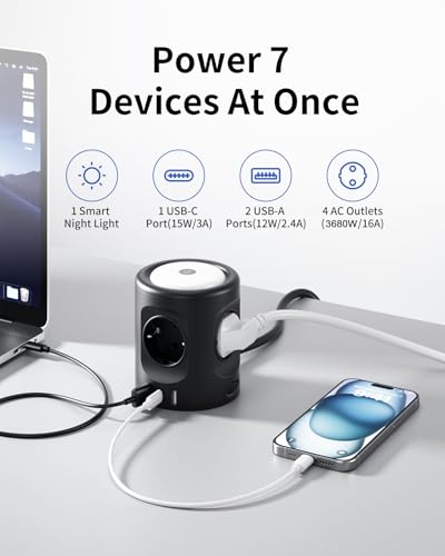 4 Way Power Strip Light Socket with 3 USB Power Strip Light Socket with Switch, 3 Lighting Modes 16A, 2M for Home, Office F(Schuko)