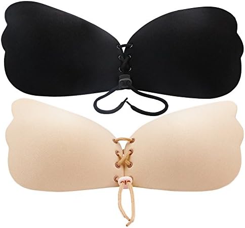 Adhesive Bra, Push-up Silicone Bras with Drawstring, Strapless Reusable Invisible Bra (C, Beige+Black)