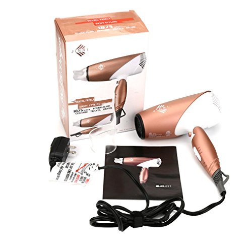 JINRI-031 1875W Professional Lightweight Powerful Lonic Tourmaline Ceramic Travel Dual Voltage Hair Dryer with Foldable Handle, 110V 1.8m Power Cord (110V 1875W, Rose Gold)
