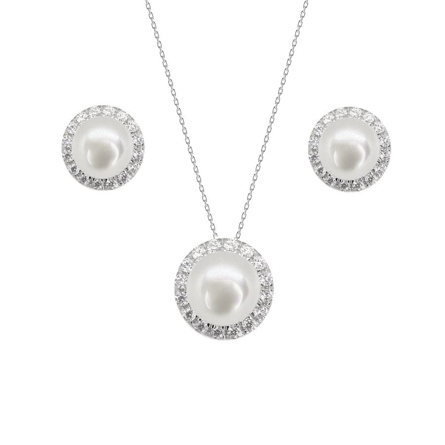 Cubic Zirconium and Freshwater Cultured Pearl Cluster Jewellery Set