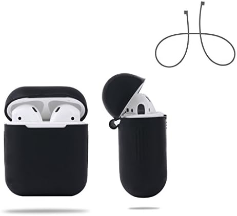 Silicone Case for AirPods ROSIMO Portable Protective Case Soft Shock Proof Cover For Airpods, Add a Strap Prevent Losing (Black)