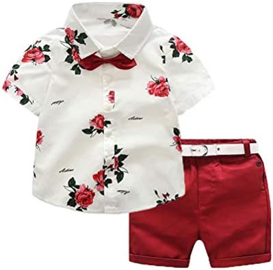 Kids Infant Baby Boys Gentlemen Outfit Short/Long Sleeve Flower Shirt Red Shorts 2Pcs Clothing Set