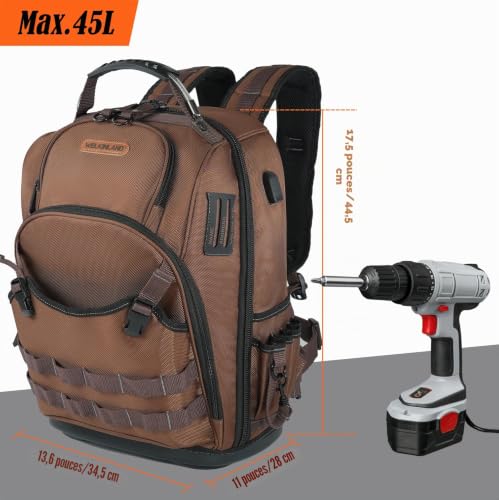 WELKINLAND - HVAC 70 Pockets Backpack, Heavy Duty Electrician Tool Backpack, Hard Bottom Tool Backpack for Men, Waterproof Backpacks for Men
