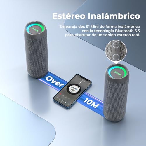 RIENOK Bluetooth Speaker 5.3 Portable Wireless Speaker IPX7 Waterproof Computer Speakers, Bass, Stereo Sound, Supports Micro SD AUX, Grey