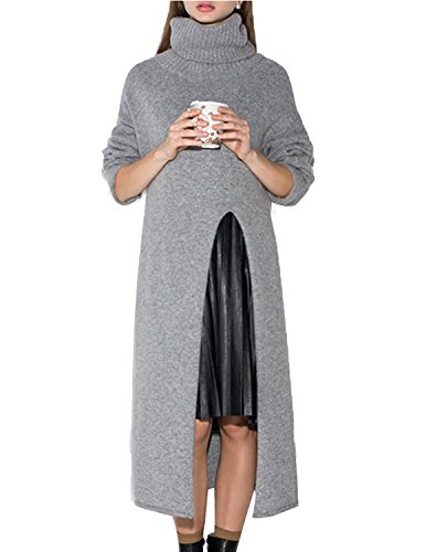 Haijie Women's Tunic Turtle Neck Cable Knit Pullover Split Sweater Dress.