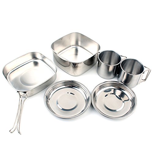 ink2055 6Pcs Stainless Steel Picnic Cookware Camping Backpacking Cooking Pot Pan Cup Set