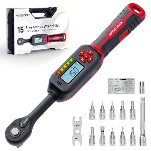 MOVECRAB 1/4 Inch Digital Torque Wrench Set for Bicycle 1.5-30 Nm, S2 Steel, Accuracy ±2%, Includes Brake Keys 8/10 mm, Extension and Sockets for MTB/Road