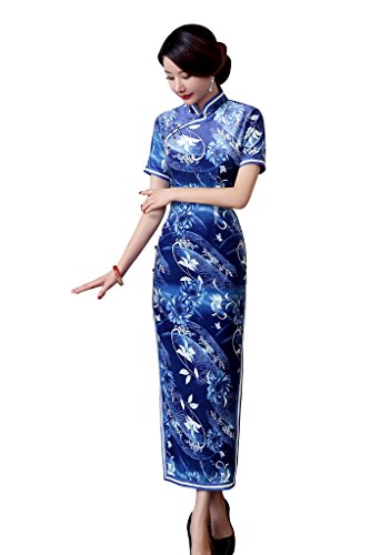ACVIP Women Flower Printed Short Sleeve Evening Chinese Cheongsam Blue