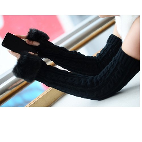 Womens Girls Winter Wool Knit Gloves Warm Faux Fur Fingerless Gloves Mitten Xmas Present